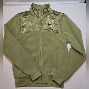 Nike Olive Green Stardust Plush Fleece Jacket with Gold Metallic Accents